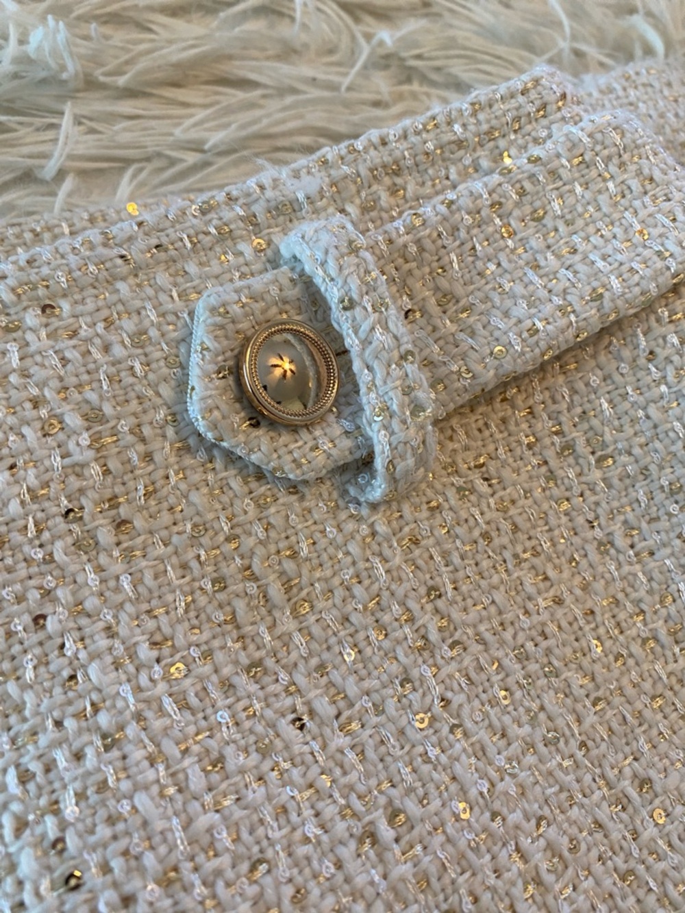 Ann Taylor Cream Tweed Mini Skirt Gold Thread Size 8 Elegant Luxe - Picture 11 of 12